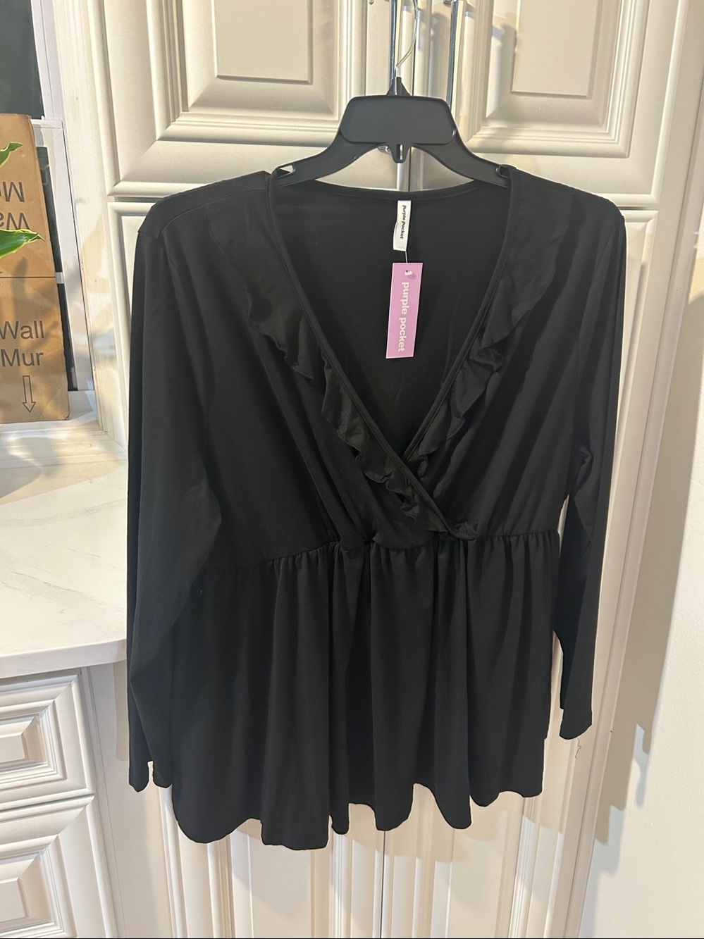 Women's Black Ruffle-Trim Wrap Blouse